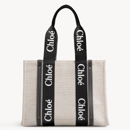 Chloe Medium Woody Tote Bag in Canvas with Black Leather Strips