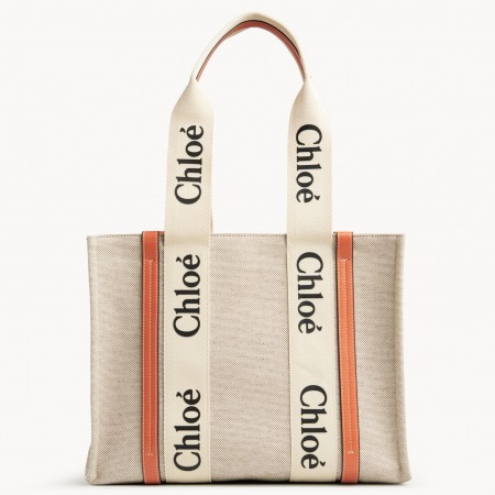 Chloe Medium Woody Tote Bag in Canvas with Tan Leather Strips