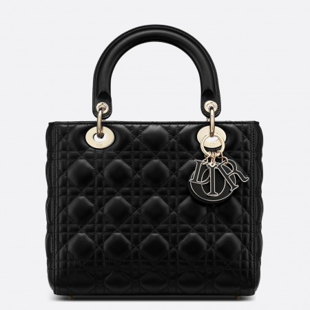 Dior Lady Dior Medium Bag in Black Lambskin with Enamel Charm