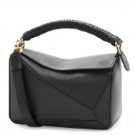 Loewe Puzzle Small Bag in Black Calfskin with Woven Handle
