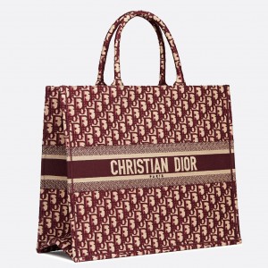 Dior Large Book Tote Bag In Bordeaux Dior Oblique Embroidery