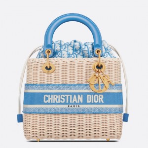 Dior Lady Dior Medium Bag in Wicker and Light Blue Oblique Jacquard