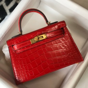Hermes Kelly Mini II Sellier Bag In Red Crocodile Embossed Leather